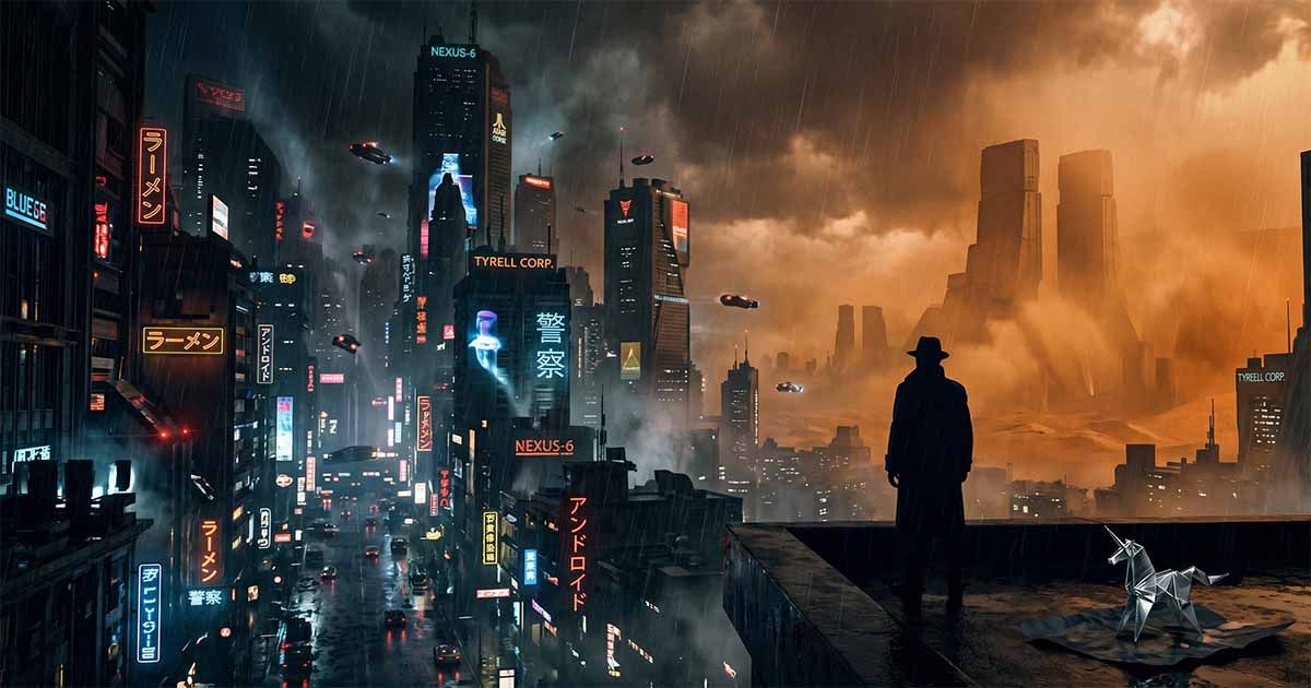 Blade Runner inspired cityscape featuring a silhouetted figure overlooking a neon rain soaked metropolis blending into an orange desert skyline with an origami unicorn in the foreground.