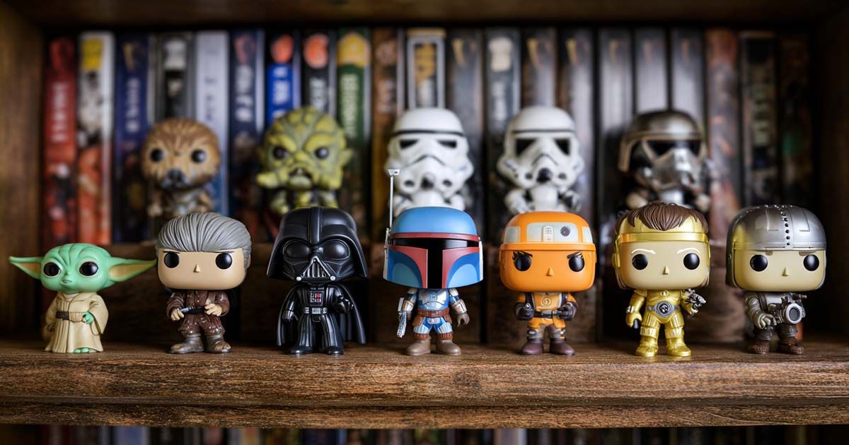 Funko Pop vinyl figures collection displayed on wooden shelf with blurred books background.