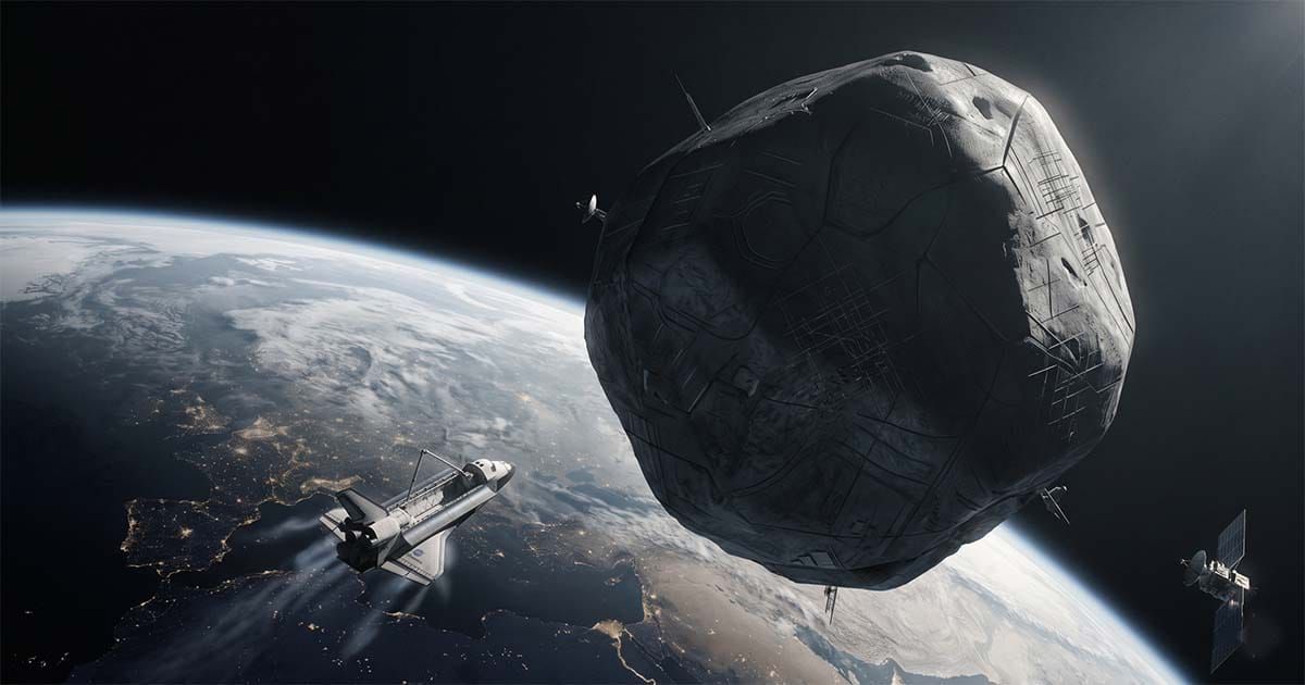 Massive artificial asteroid in Earth orbit with space shuttle approaching, illustrating the mysterious Stone from "Eon" by Greg Bear.
