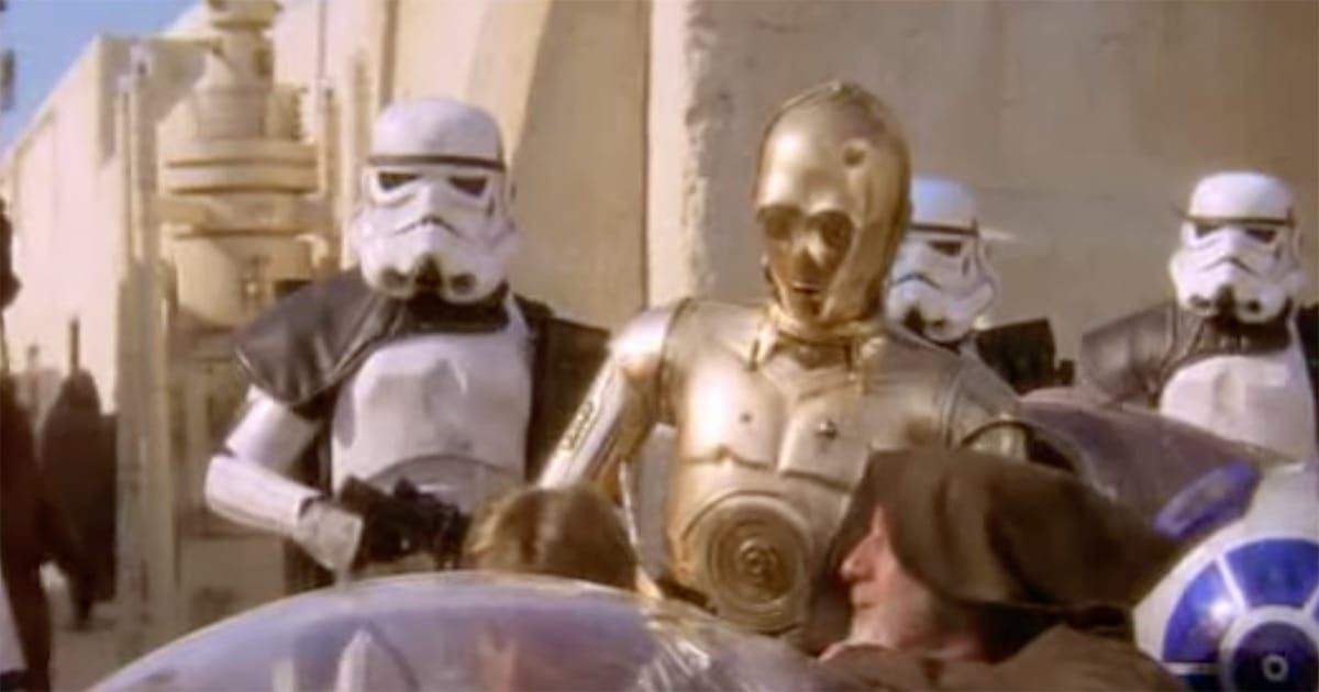 Jedi mind trick scene with Obi-Wan Kenobi influencing stormtroopers at a desert checkpoint in Star Wars Episode IV A New Hope