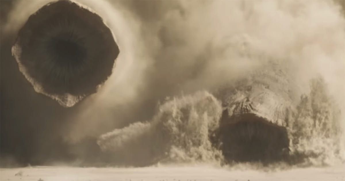 Sandworms of Arrakis (Shai-Hulud) erupting from the desert, showing scale and power in Dune.