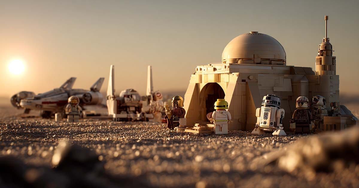 Modular construction models arranged in desert setting at sunset with structures, vehicles, and figures creating cinematic sci-fi scene.