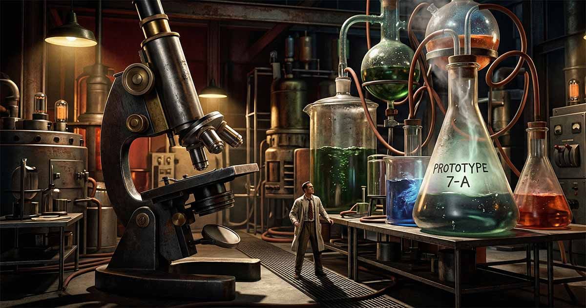 Tiny man standing in a laboratory surrounded by oversized microscope and large chemical flasks filled with colored liquids.