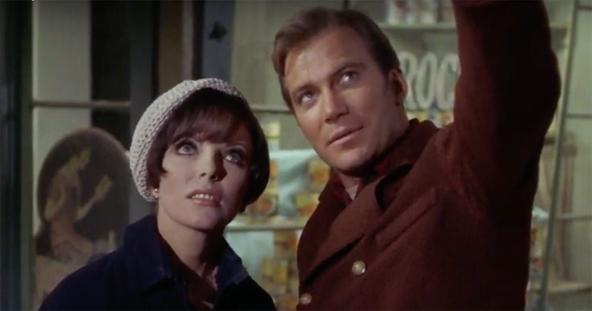 Captain Kirk and Edith Keeler in a scene from the classic "Star Trek" episode "The City on the Edge of Forever"