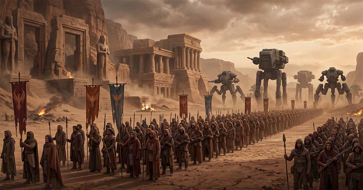 Humans in formation face towering machines in a desert uprising scene.