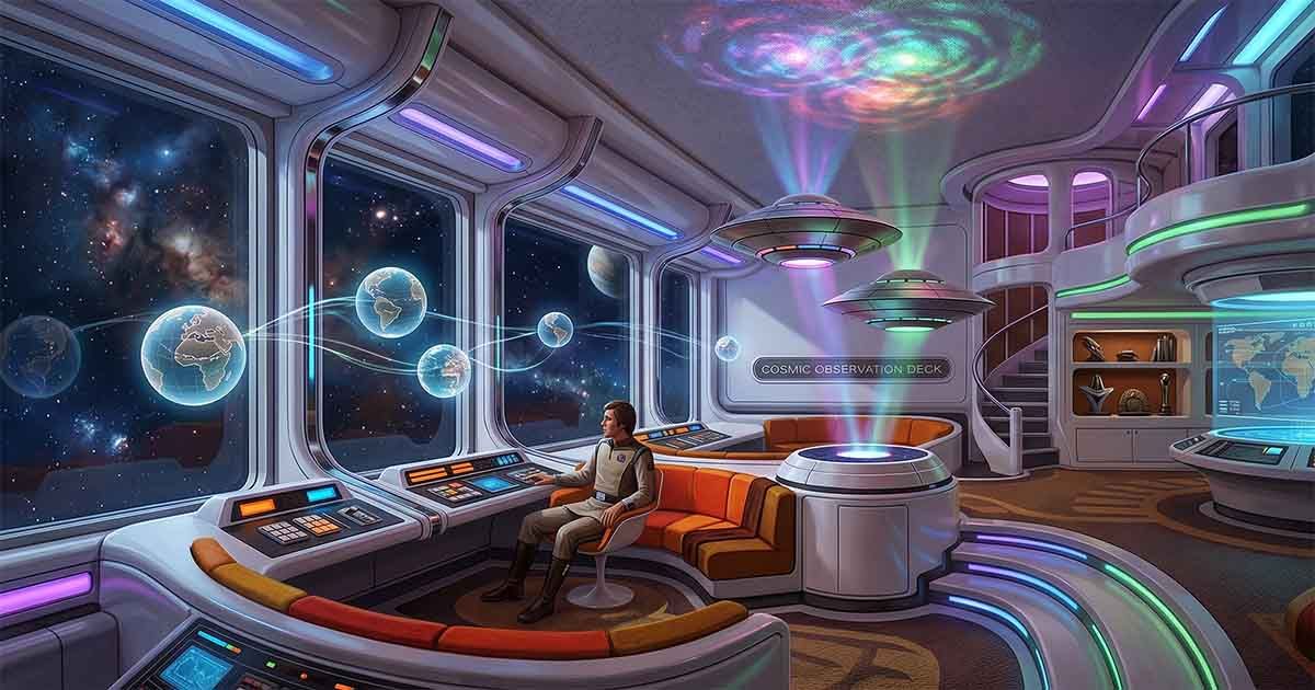 Retro futurist science fiction observation room with floating globes, glowing UFO lights, cosmic projection effects, and deep space visible through large windows.