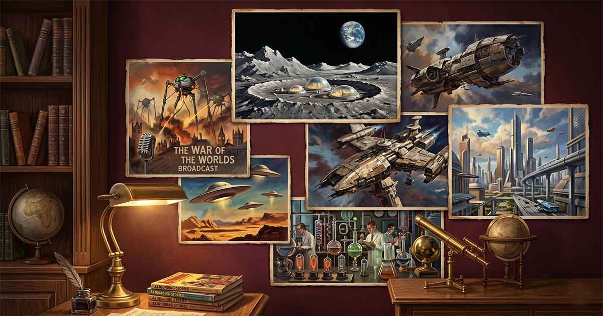 Science fiction gallery wall with starships, UFOs, lunar cities, and retro futuristic art.