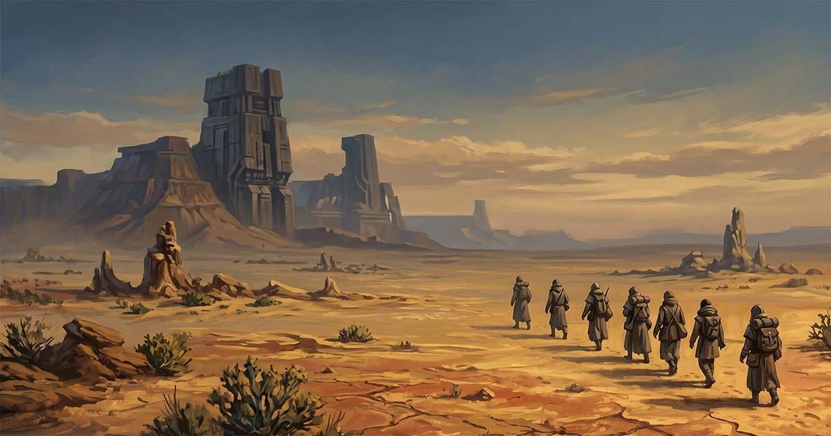 Editorial illustration of seven travelers crossing a vast alien landscape toward distant ancient structures under warm golden light.