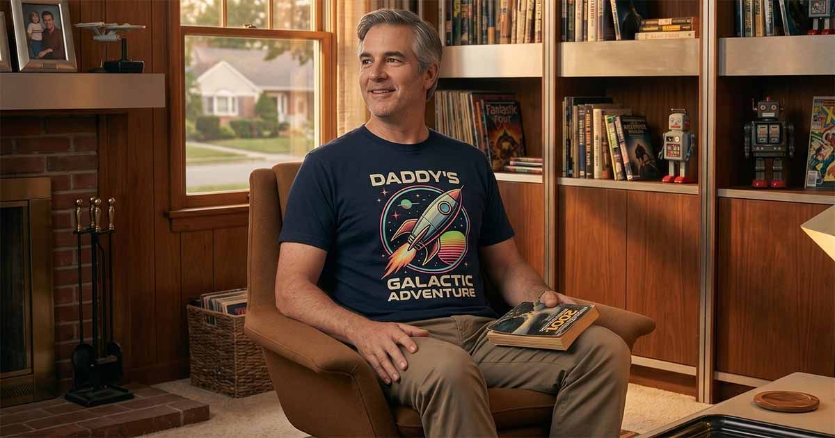 Middle-aged father wearing a retro sci-fi T-shirt in a living room filled with books, robots, and classic science-fiction memorabilia.
