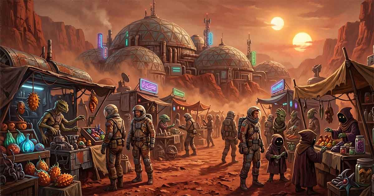 Retro-futuristic Martian marketplace filled with astronauts, aliens, market stalls, and domed colonies beneath twin suns in a dusty red desert landscape.