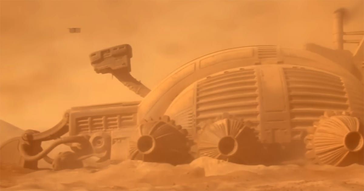 Large spice harvesting machine operates in a dust-filled desert on Arrakis.