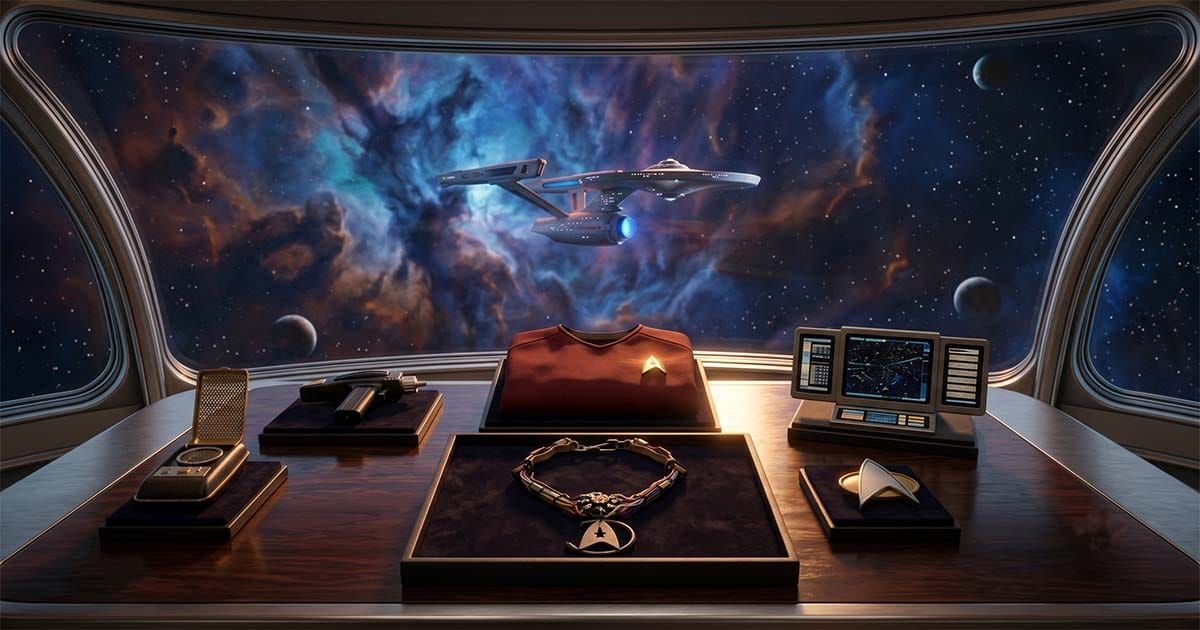 Star Trek collectibles displayed on a table with the USS Enterprise visible through a panoramic space window.