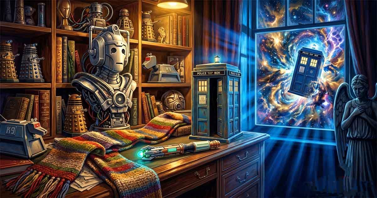 Doctor Who collectibles featuring a TARDIS, sonic screwdriver, Fourth Doctor scarf, Cyberman, Daleks, K-9, and Weeping Angel.