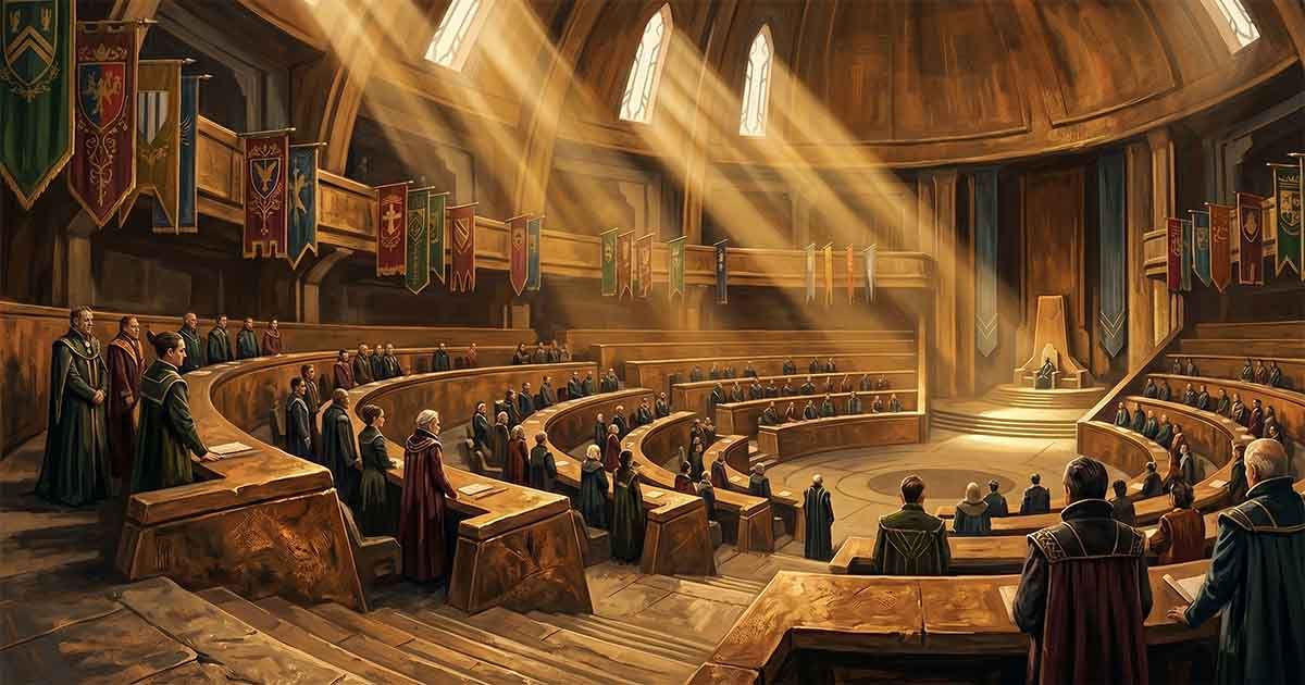 Grand circular council chamber of the Landsraad, with noble delegates seated beneath colorful House banners and sunlight streaming through a domed ceiling.