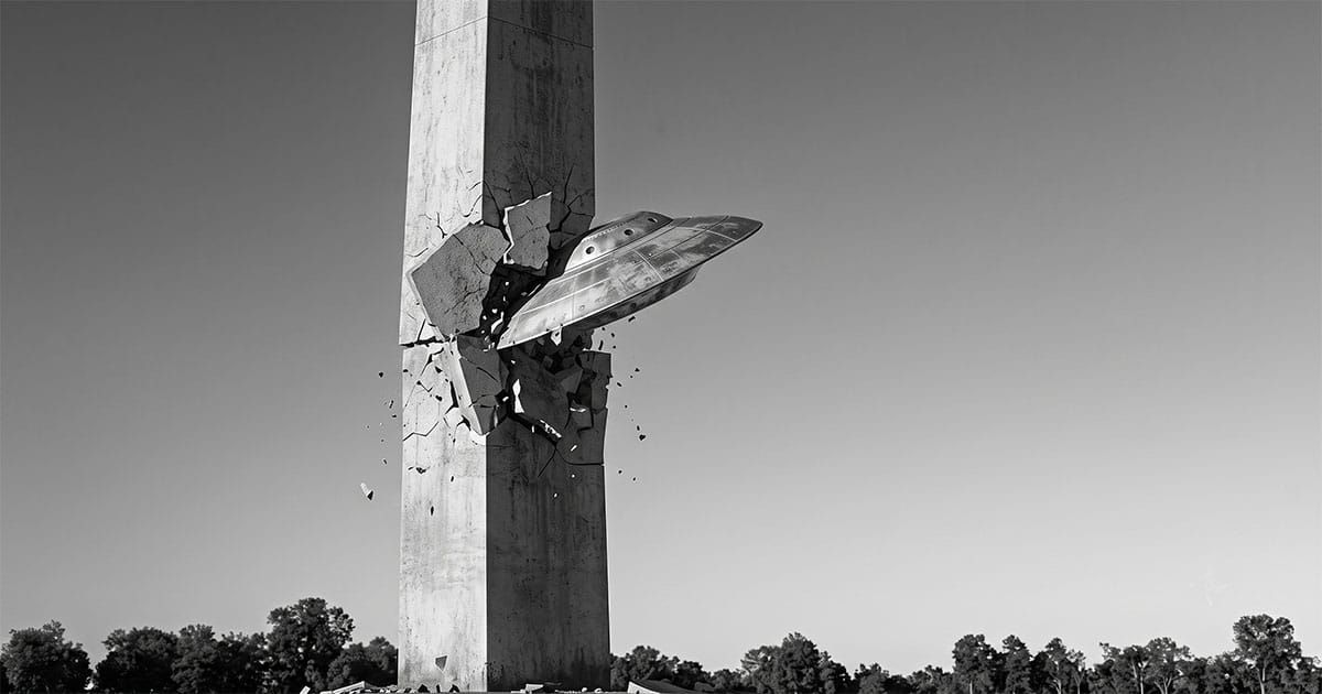 Artwork inspired by the climactic Washington Monument attack in the 1956 science fiction film "Earth vs. the Flying Saucers"