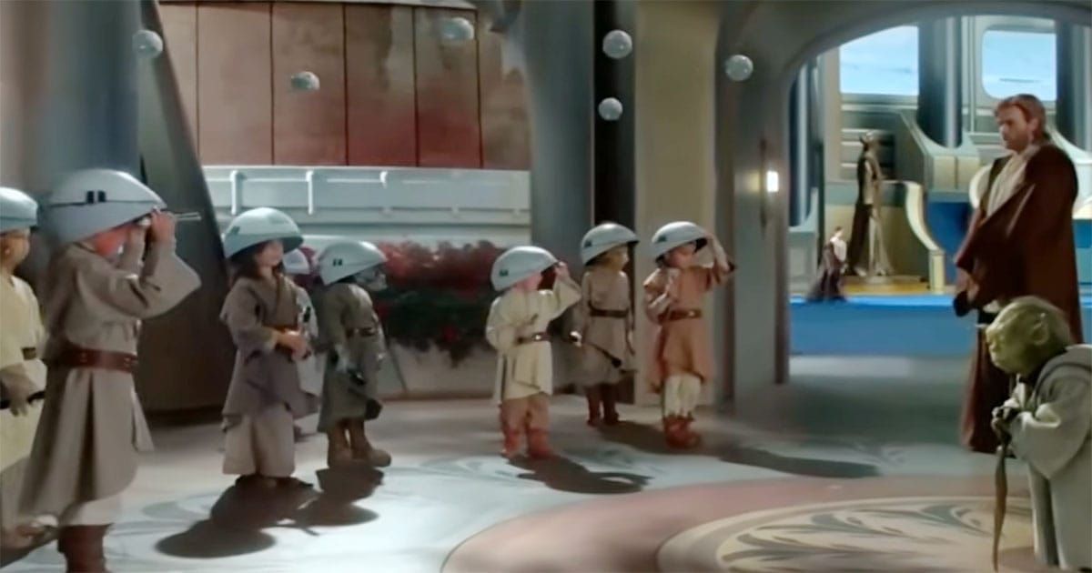 Yoda and Obi-Wan Kenobi observe Jedi younglings during training at the Jedi Temple in "Star Wars."