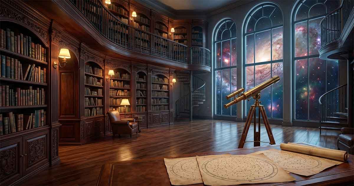 Grand science fiction library overlooking a galaxy-filled night sky.