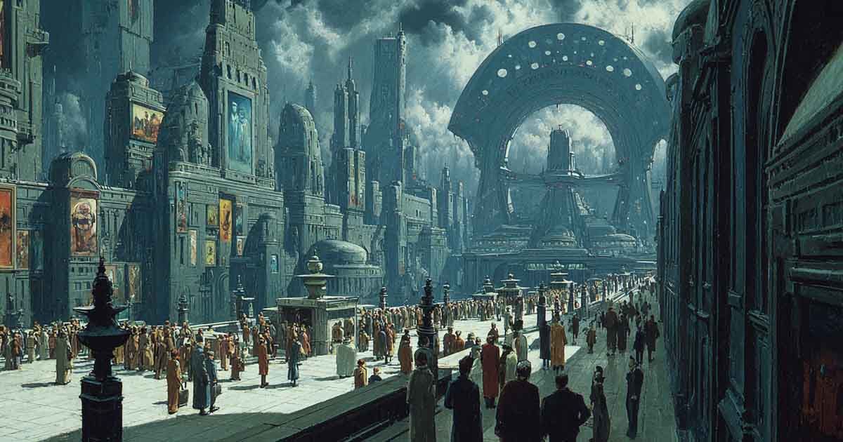 Massive futuristic city filled with crowds beneath towering architecture in a classic dystopian science fiction landscape.