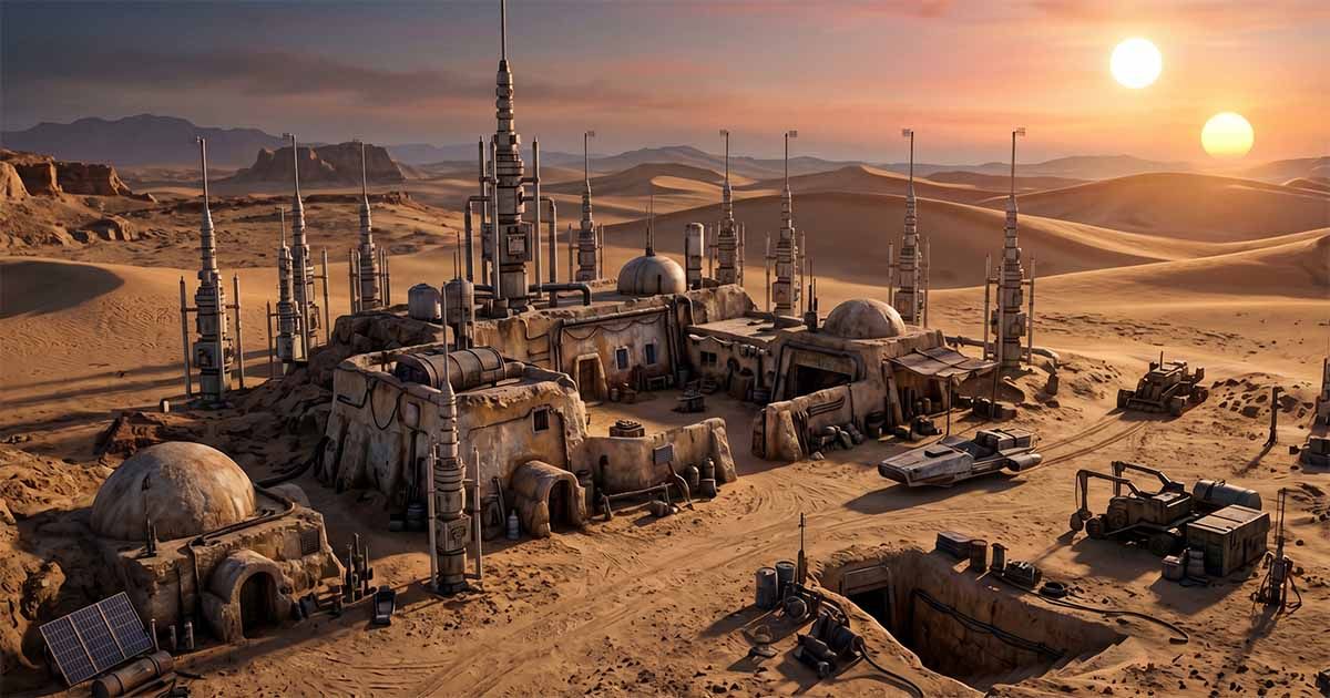 Moisture farm on Tatooine with numerous moisture vaporators surrounding a desert homestead beneath twin suns.