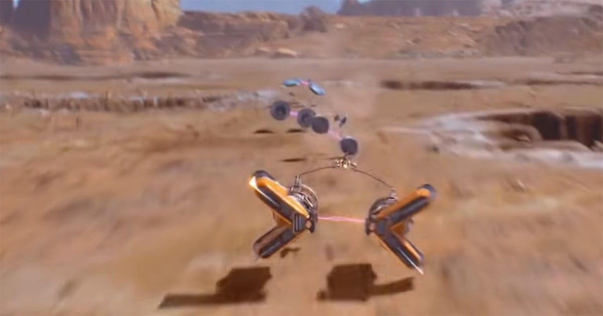 A high speed podracer races across the desert on Tatooine during a pod race with rocky cliffs and open terrain in the background.