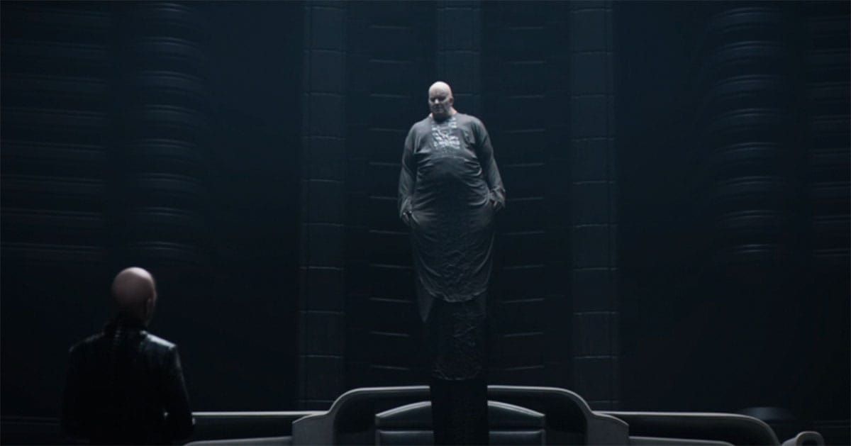 Baron Vladimir Harkonnen stands above his throne inside the vast audience chamber of House Harkonnen on Giedi Prime in Denis Villeneuve's "Dune: Part Two."