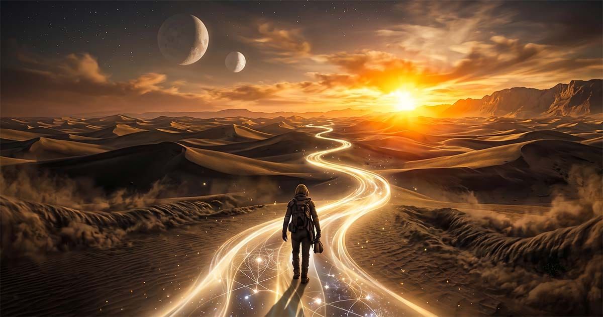 A glowing path winds across the dunes of Arrakis as a solitary traveler heads toward the rising sun under an alien sky.