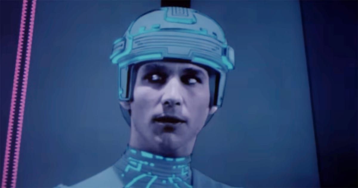 Close-up of Tron in his glowing blue combat suit inside the digital world from the 1982 science fiction film "TRON."