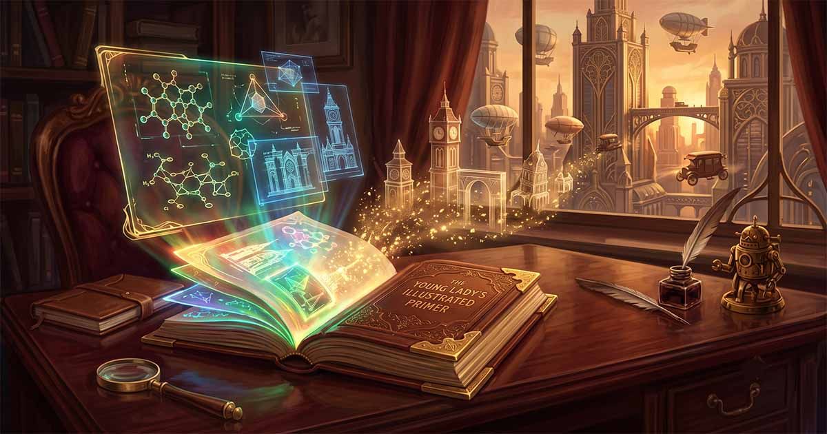 An ornate book glows with holographic illustrations as a Neo-Victorian city of towers and airships stretches beyond the window.