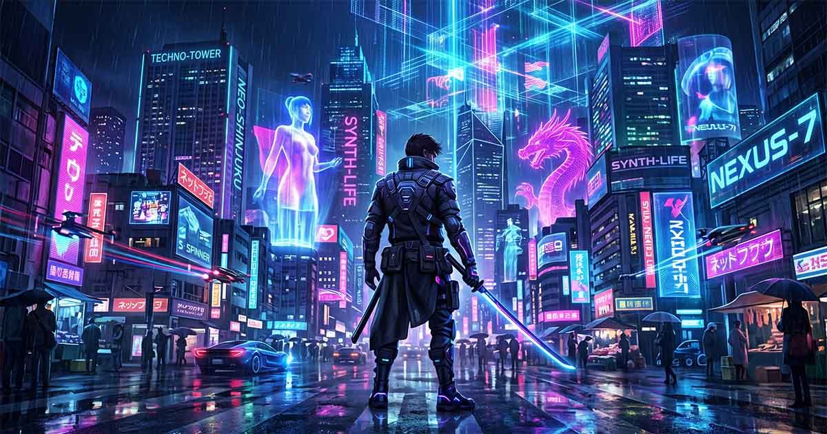 Cyberpunk city with neon skyscrapers, holographic displays, and a lone futuristic swordsman standing on a rain-soaked street beneath a glowing virtual skyline.