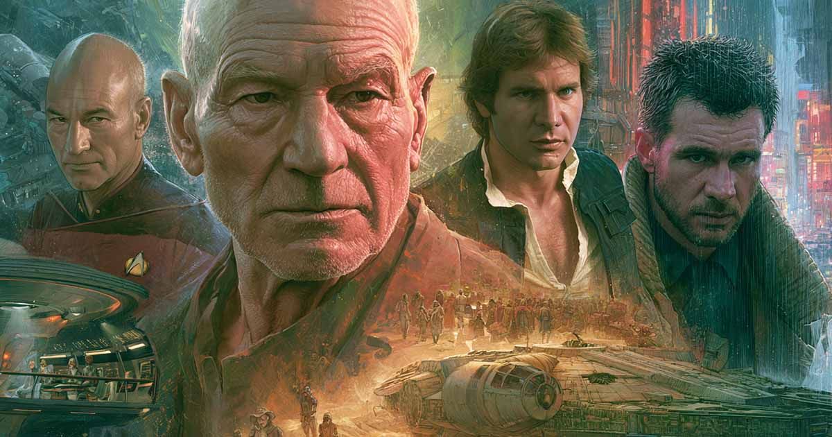 Illustration featuring Captain Jean-Luc Picard, Gurney Halleck, Han Solo, and Rick Deckard in a collage representing four classic science fiction worlds.