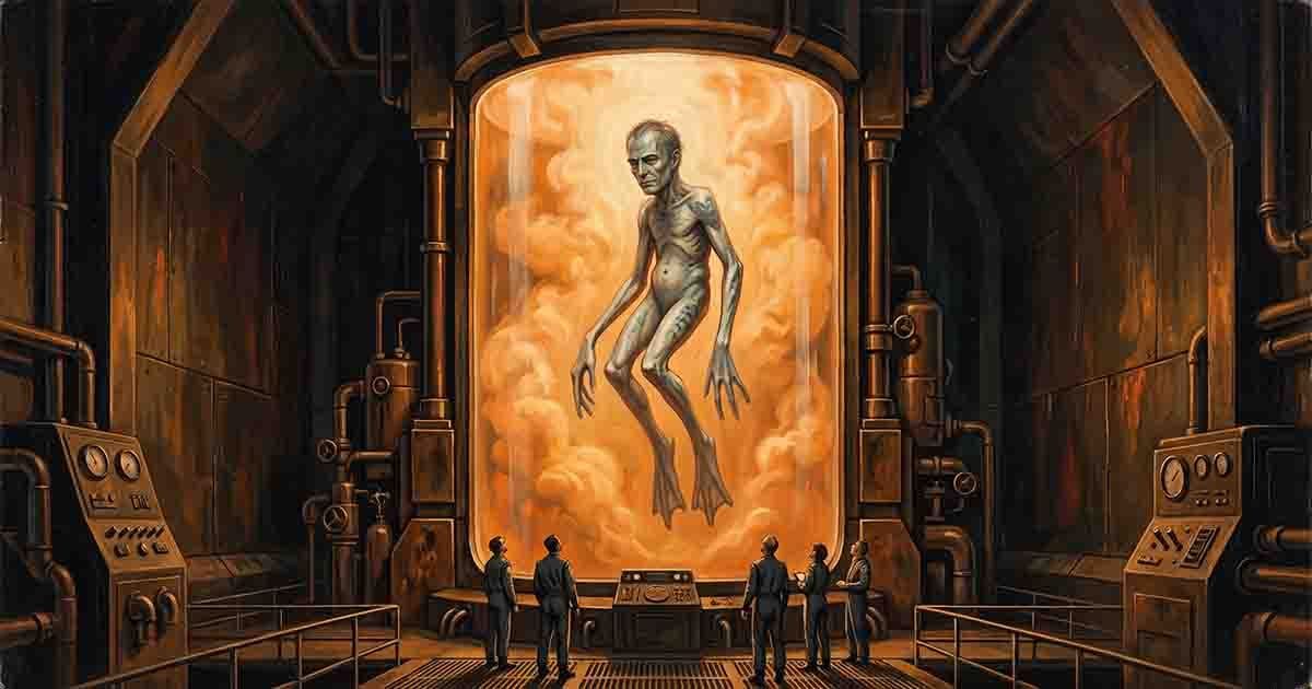 A gaunt, transformed human Navigator with elongated limbs and webbed feet floats in glowing orange vapor inside a towering tank as attendants watch below.