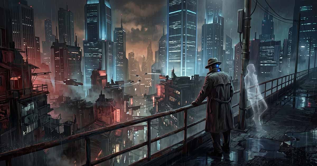 Retro-futurist cyberpunk city in the rain with a trench-coated investigator overlooking neon towers while a translucent human figure stands nearby.