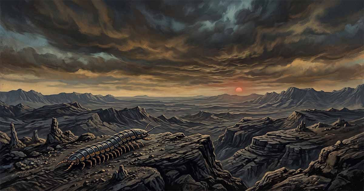 Illustration of a centipede-like Mesklinite overlooking the rugged high-gravity landscape of the alien planet Mesklin beneath dark, dramatic clouds.