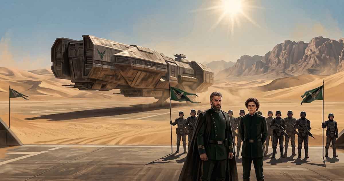 Illustration of Duke Leto and Paul Atreides with Atreides soldiers and banners as a large spacecraft arrives in the desert of Arrakis.