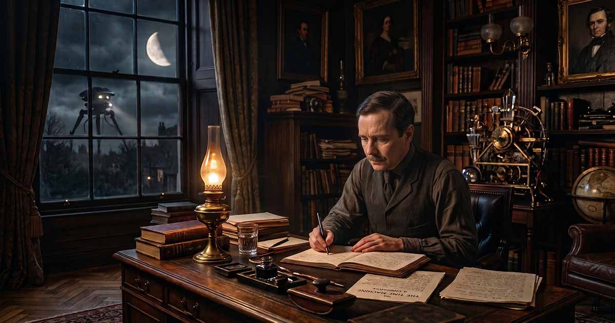 H. G. Wells writes by lamplight in a Victorian study as a Martian fighting machine appears outside and a time machine stands behind him.
