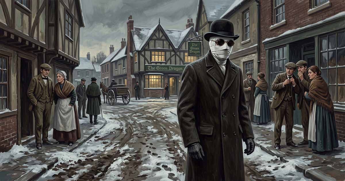 Illustration of Griffin in bandages, dark glasses, and a black coat walking through a snowy Victorian English village.