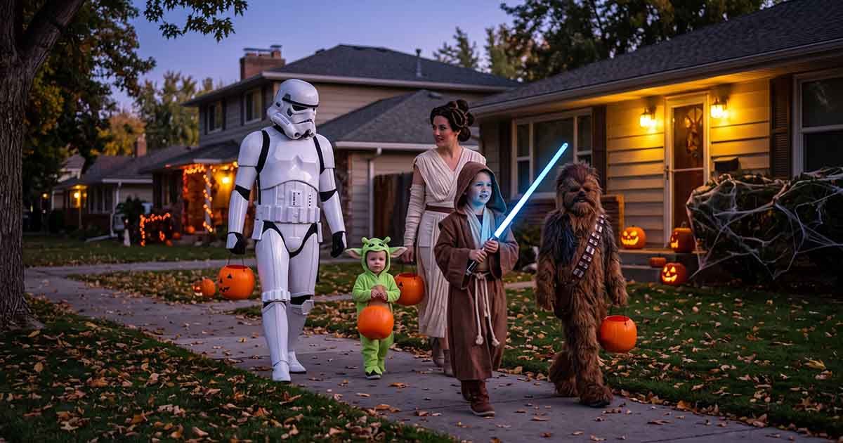 Family wearing Star Wars-inspired costumes while trick-or-treating together in a suburban neighborhood on Halloween.
