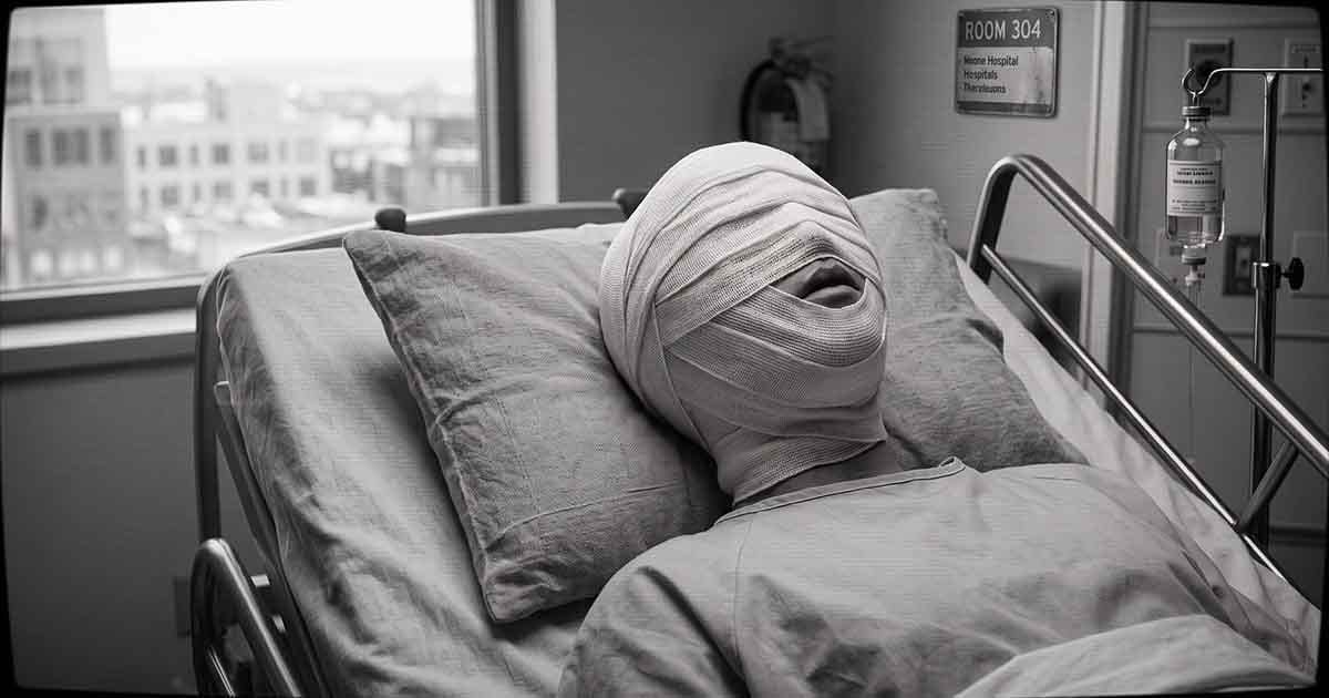 Black-and-white image of a heavily bandaged patient lying in a hospital bed.