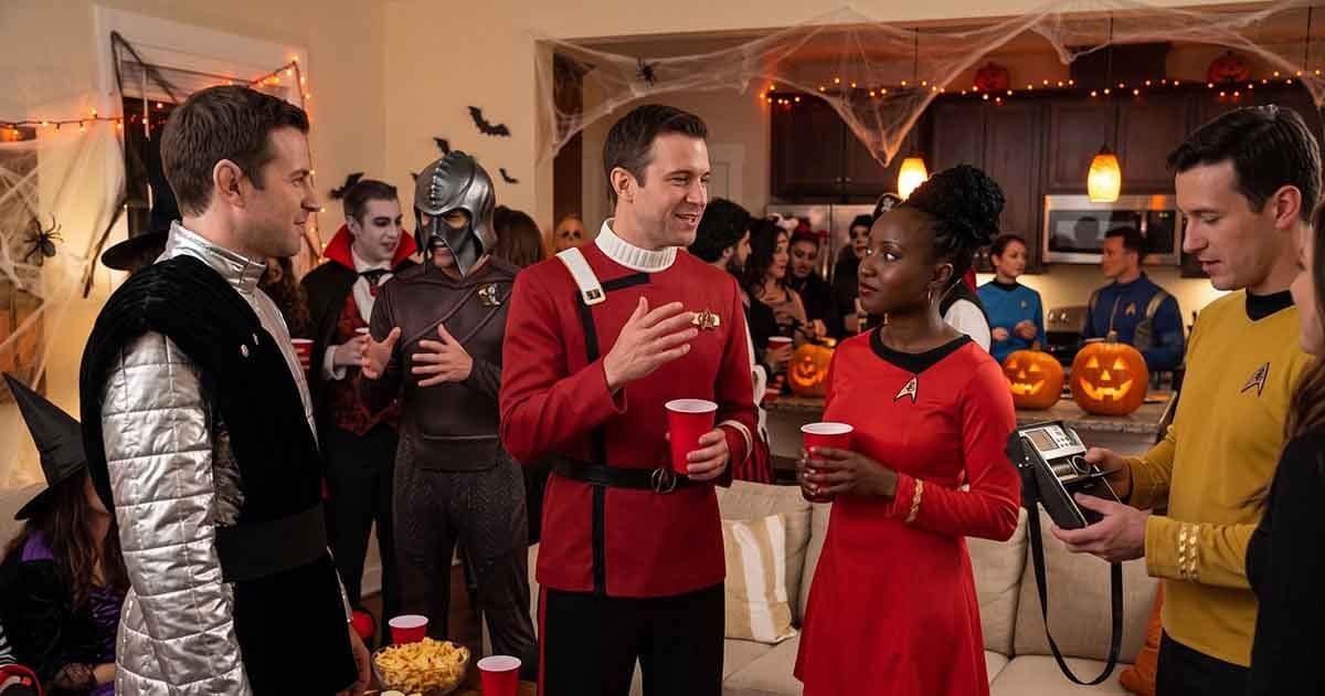 Star Trek-themed Halloween party with guests dressed as Starfleet officers, Uhura, a Klingon, and a Romulan, with pumpkins and party decorations in the background.