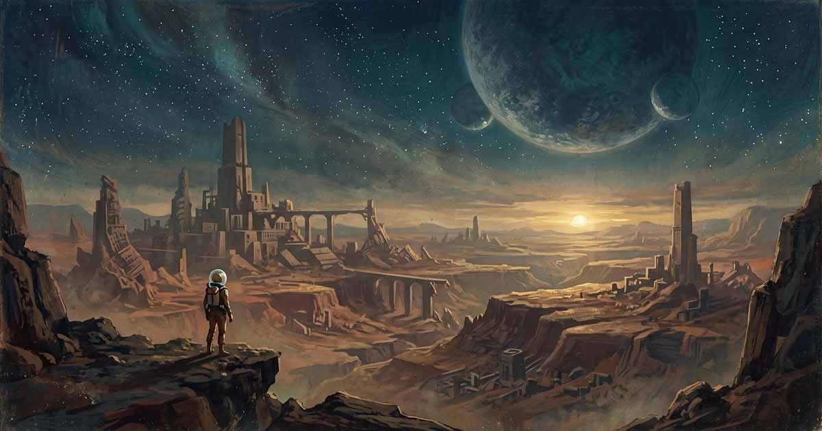 Retro science fiction illustration of a lone astronaut overlooking ancient ruins beneath a vast starry sky and enormous distant planets.