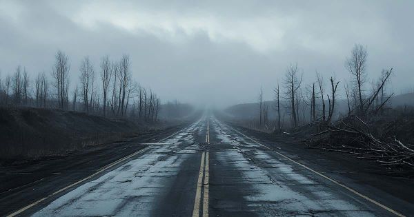 A cracked highway covered in ash under a gray sky.