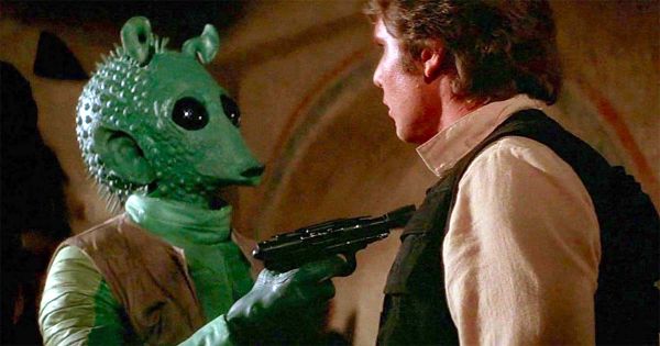 Harrison Ford as Han Solo and Paul Blake as Greedo.