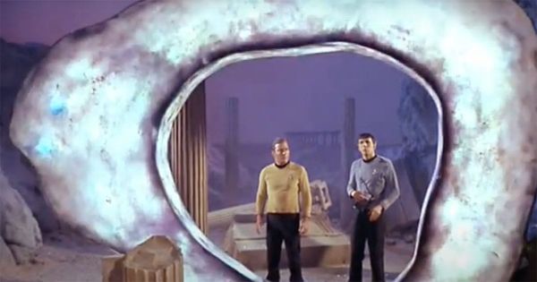 "The Guardian of Forever," a glowing time portal from "Star Trek," with Kirk and Spock standing in front of it.