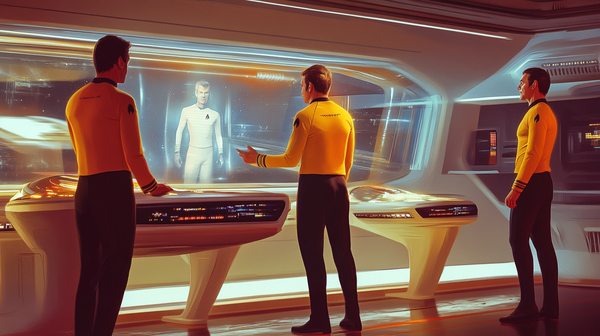 Federation crew viewing a futuristic screen interface in "Star Trek TOS" style setting.