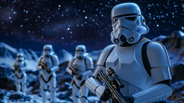 Four Stormtroopers in a snowy, mountainous landscape under a starry night sky.
