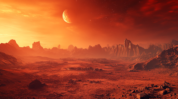 Martian landscape with abandoned human structures under a red sky.