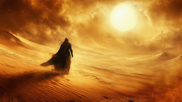 Paul Atreides from "Dune" in a hooded cloak walking across the desert of Arrakis under a blazing sun.