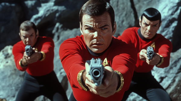 Three red-shirted crew members from "Star Trek" pointing phasers on a rocky alien planet—ready for action, even if it’s their last mission.
