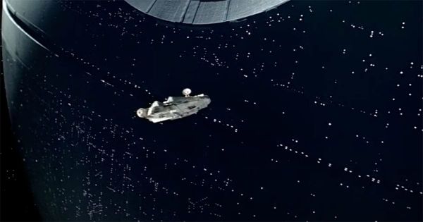 Millennium Falcon leaving the Death Star under Imperial surveillance