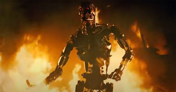 "The Terminator T-800 endoskeleton emerging from flames, symbolizing the unstoppable force of machine domination."
